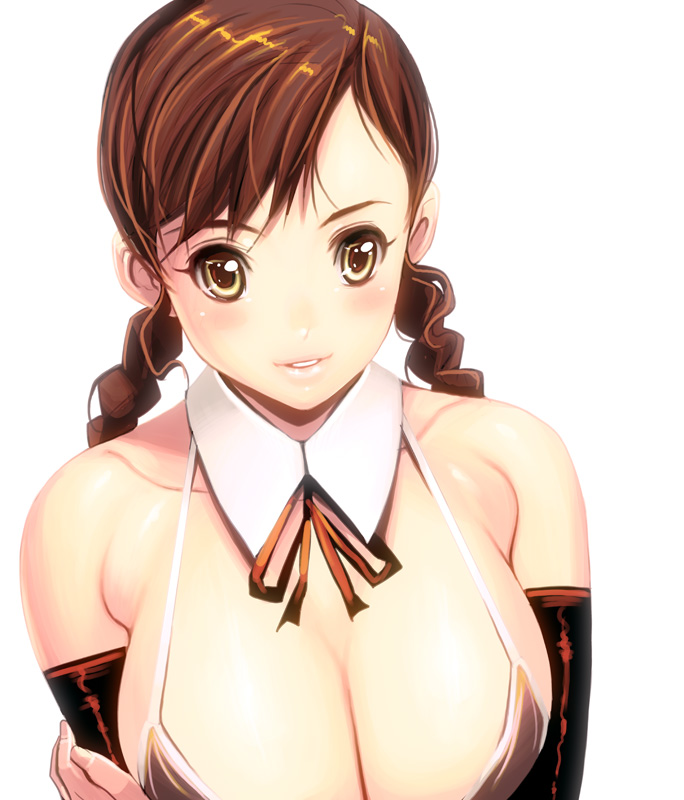 kouno (masao), bad id, bad pixiv id, 1girl, bare shoulders, braid, breasts, brown eyes, brown hair, cleavage, female focus, huge breasts, smile, solo, twin braids