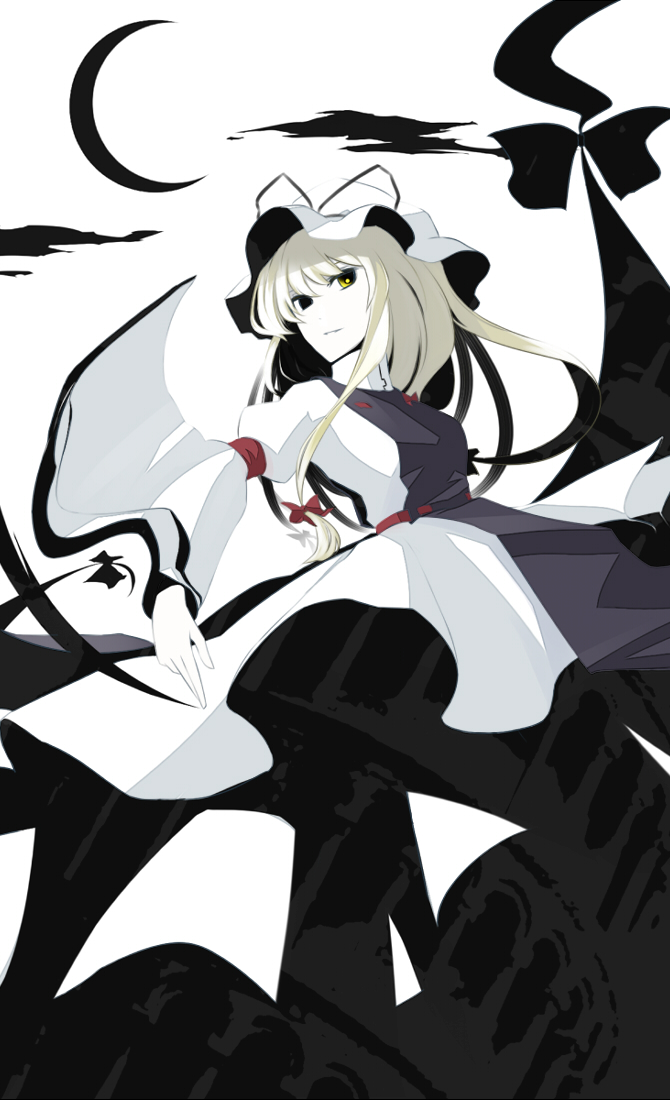 kazeharu, yakumo yukari, touhou, bad id, bad pixiv id, 1girl, dress, female focus, gap (touhou), hat, moon, outdoors, sky, solo, white background