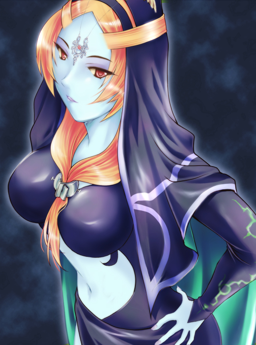 microspace, midna, midna (true), nintendo, the legend of zelda, the legend of zelda: twilight princess, spoilers, 1girl, blue skin, colored skin, female focus, front ponytail, jewelry, long hair, orange hair, red eyes, solo