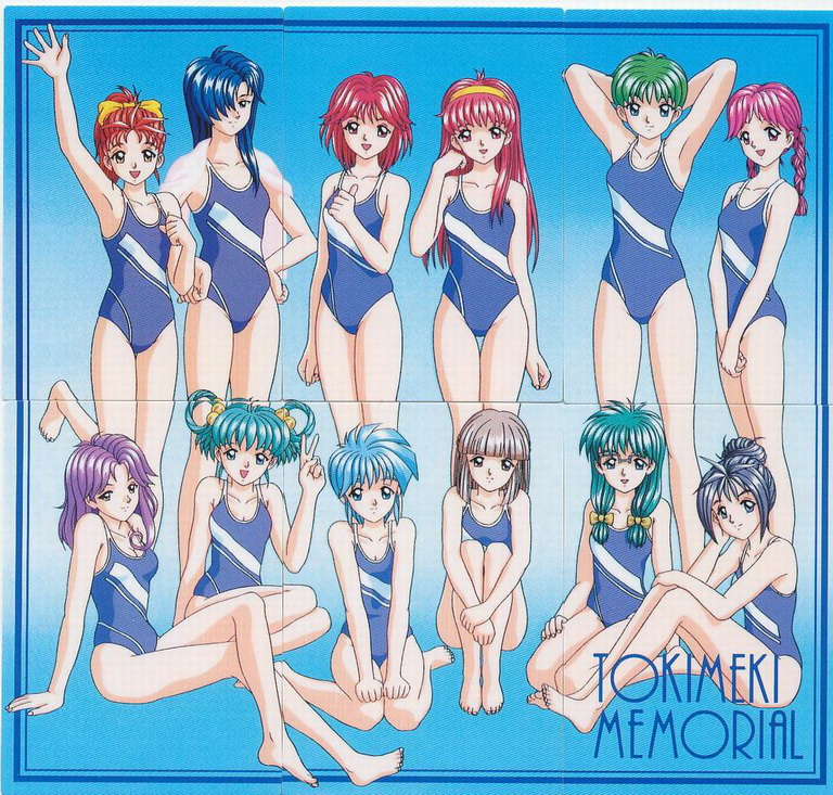 asahina yuko, fujisaki shiori, himoo yuina, kagami mira, katagiri ayako, kisaragi mio, kisaraki mio, kitokawa nozomi, kiyokawa nozomi, koshiki yukari, kujisaki shiori, mikihara megumi, nijino saki, saotome yumi, tatebayashi miharu, yumi saotome, konami, tokimeki memorial, official art, 6+girls, aqua hair, armpits, barefoot, blue hair, braid, everyone, feet, glasses, green hair, grey hair, hair over one eye, hairband, multiple girls, one-piece swimsuit, pink hair, purple hair, red hair, retro artstyle, school swimsuit, swimsuit, thumbs up, trading card, twin braids, v