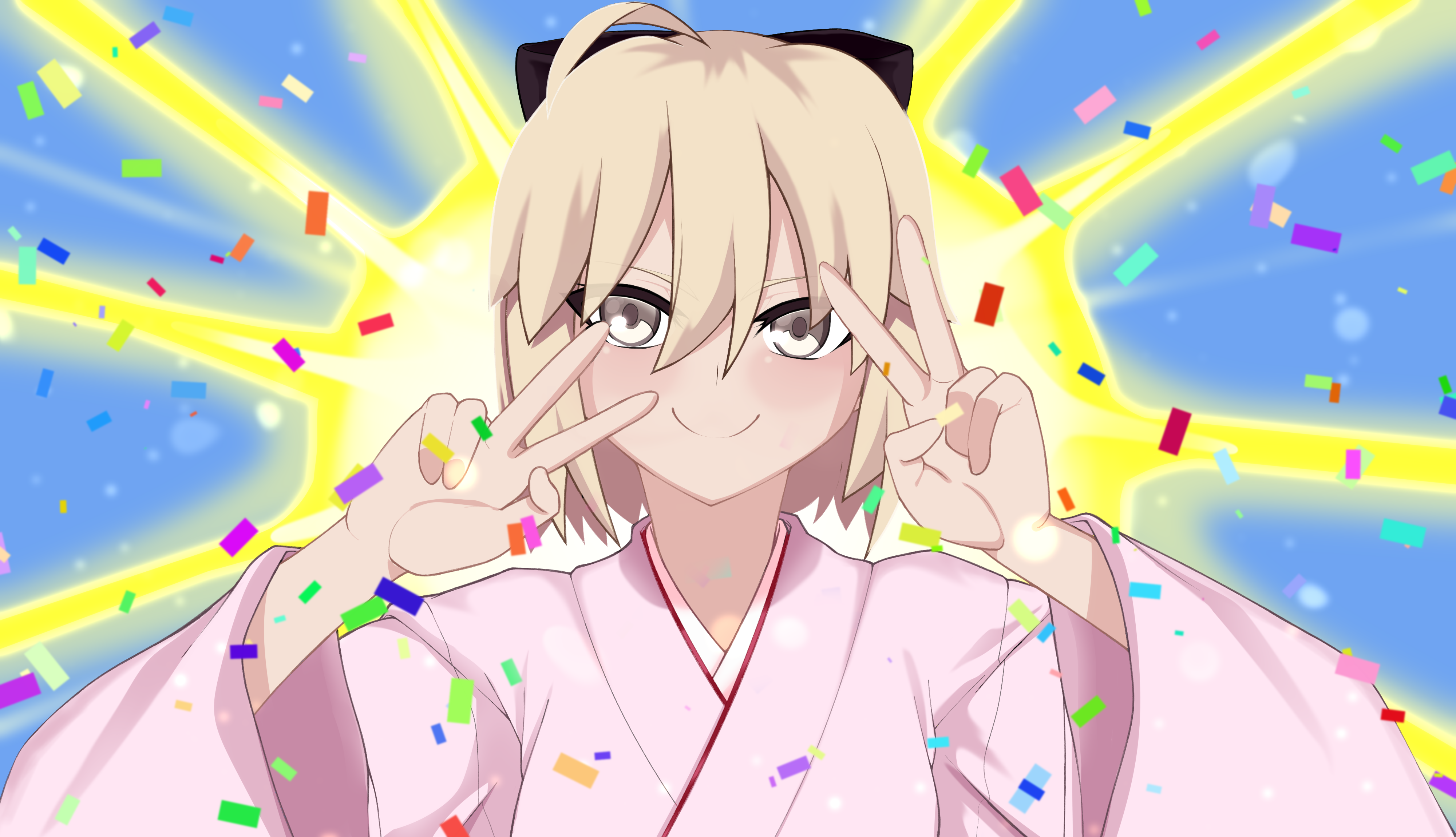 darkkin, okita souji (fate), fate/grand order, fate (series), absurdres, highres, 1girl, ahoge, black bow, blonde hair, blush, bow, breasts, closed mouth, confetti, double v, emotional engine – full drive, hair bow, half updo, japanese clothes, kimono, long sleeves, looking at viewer, medium breasts, okita souji (first ascension) (fate), pink kimono, short hair, smile, solo, sunburst, sunburst background, v, wide sleeves, yellow eyes