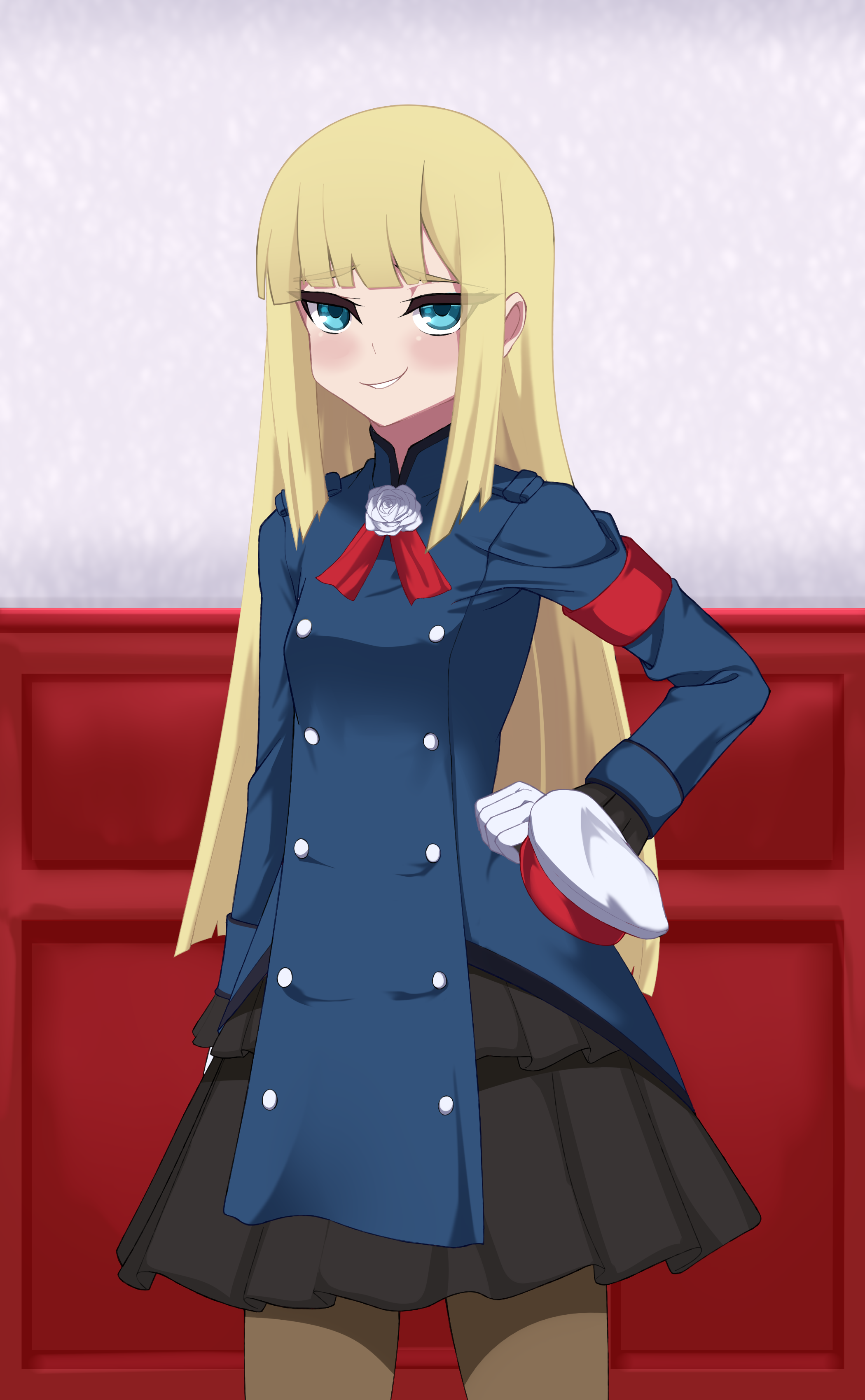 darkkin, reines el-melloi archisorte, reines el-melloi archisorte (second ascension), fate (series), lord el-melloi ii case files, absurdres, highres, 1girl, aqua eyes, armband, black skirt, blonde hair, blue jacket, blush, breasts, brown pantyhose, buttons, double-breasted, flower, gloves, grin, hat, jacket, long hair, long sleeves, looking at viewer, neck ribbon, pantyhose, peaked cap, red ribbon, ribbon, rose, sidelocks, skirt, small breasts, smile, solo, thighs, tilted headwear, unworn hat, unworn headwear, white flower, white gloves, white hat, white rose