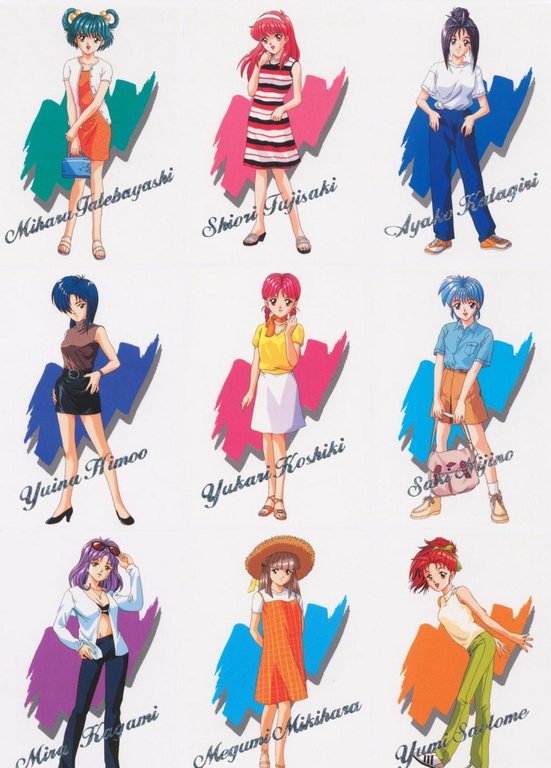 fujisaki shiori, himoo yuina, kagami mira, katagiri ayako, koshiki yukari, kujisaki shiori, mikihara megumi, nijino saki, saotome yumi, tatebayashi miharu, yumi saotome, konami, tokimeki memorial, plaid, official art, 6+girls, aqua hair, bag, black hair, blue hair, brown hair, casual, dress, hair over one eye, hairband, handbag, hat, high heels, jewelry, multiple girls, necklace, pink hair, purple hair, red hair, retro artstyle, sandals, shoes, skirt, straw hat, sunglasses