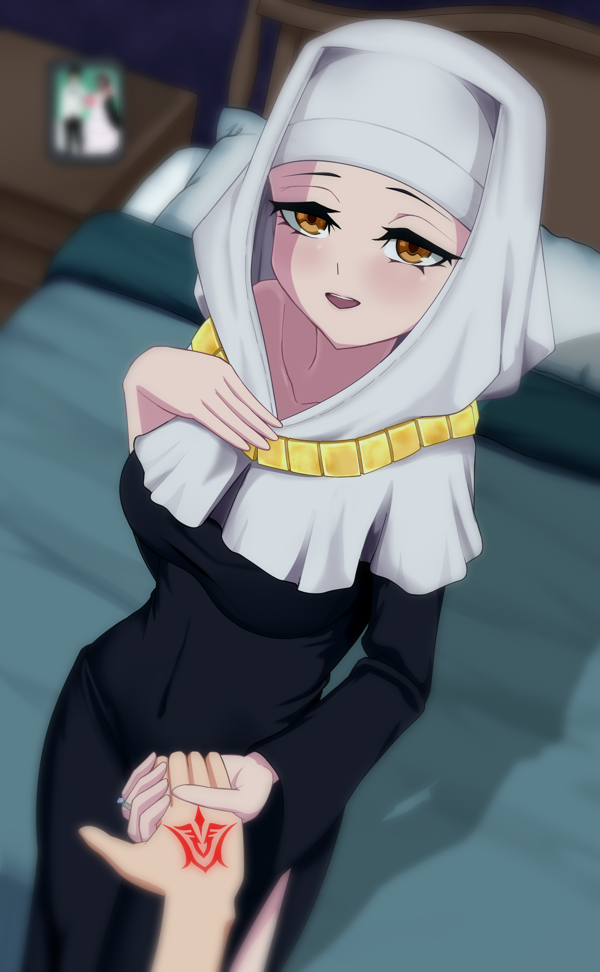 darkkin, fujimaru ritsuka (male), sessyoin kiara, fate/grand order, fate (series), absurdres, highres, 1boy, 1girl, bed, black dress, blush, breasts, collarbone, command spell, dress, holding hands, jewelry, large breasts, long sleeves, looking at viewer, necklace, nun, open mouth, side slit, smile, thighs, yellow eyes
