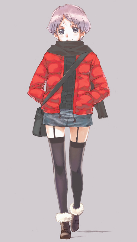 nyaou, original, 1girl, ankle boots, belt boots, black thighhighs, blue eyes, boots, female focus, fur trim, garter straps, grey hair, jacket, pencil skirt, scarf, simple background, skirt, solo, thighhighs