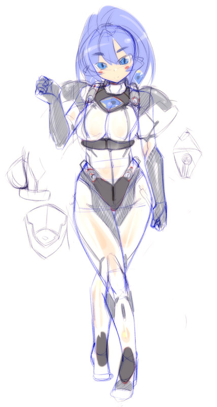 mel/a, original, 1girl, blue eyes, blue hair, blush, bodysuit, breasts, crossed legs, elbow gloves, female focus, gloves, large breasts, matching hair/eyes, ponytail, sketch, solo, standing, watson cross