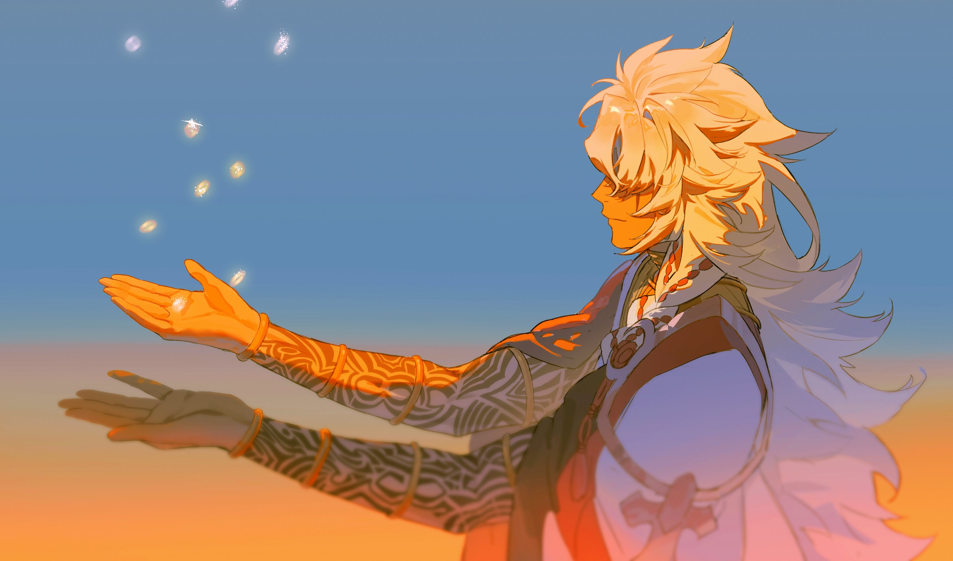 sumssingbo, grand caster (fate), solomon (fate), fate/grand order, fate (series), gold armlet, commentary request, highres, korean commentary, 1boy, arm tattoo, armlet, blurry, bracelet, braid, cape, closed mouth, dark-skinned male, dark skin, depth of field, facial mark, from side, glint, gold bracelet, gold ring, hair over eyes, hands up, jewelry, long hair, male focus, neck ring, outstretched arms, profile, red cape, single braid, solo, tattoo, two-tone cape, unworn ring, upper body, white hair