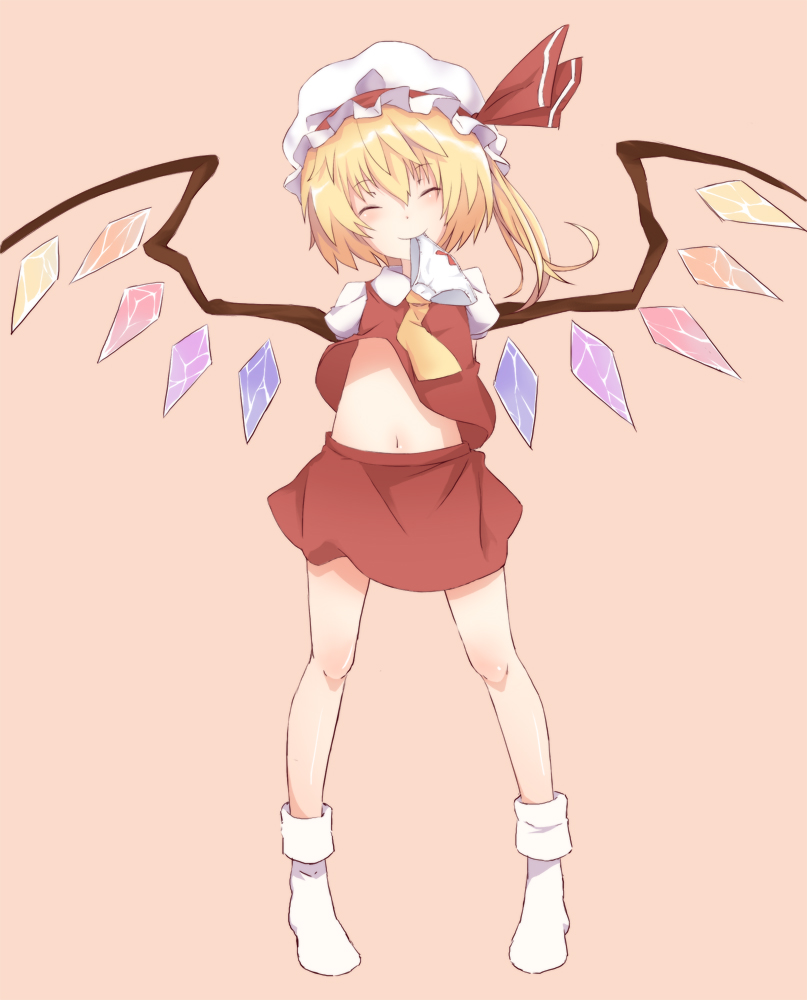 chonbo (artist), flandre scarlet, embodiment of scarlet devil, touhou, bad id, bad pixiv id, 1girl, blonde hair, closed eyes, female focus, full body, hat, long hair, midriff, mouth hold, navel, panties, side ponytail, smile, socks, solo, standing, underwear, white panties, wings