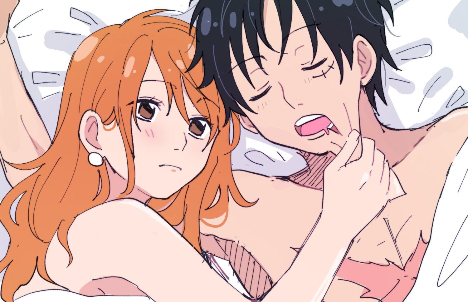 chatubo, monkey d. luffy, nami (one piece), one piece, commentary, 1boy, 1girl, bare shoulders, bed sheet, black hair, blush, brown eyes, cheek pull, closed eyes, closed mouth, collarbone, cross scar, drooling, earrings, elasticity, facial scar, hand on another's cheek, hand on another's face, jewelry, long hair, looking at another, lying, mouth drool, nude, on back, on side, open mouth, orange hair, pearl earrings, pillow, scar, scar on cheek, scar on chest, scar on face, short hair, sleeping, under covers, upper body, wavy hair