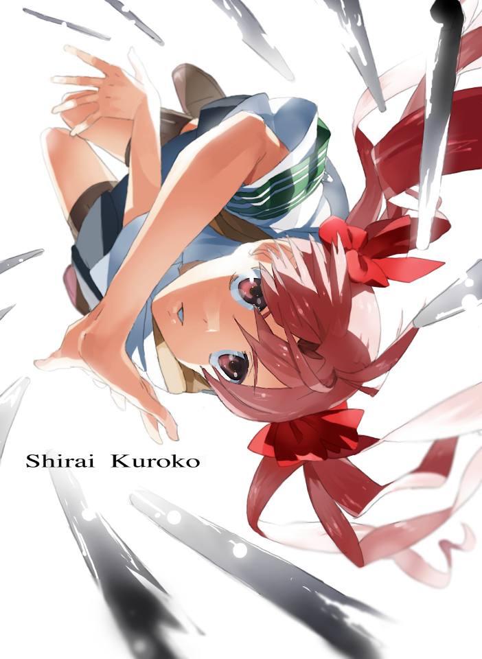 nishihara isao, teron, shirai kuroko, toaru kagaku no railgun, toaru majutsu no index, bad id, bad pixiv id, 00s, 1girl, armband, brown hair, female focus, green armband, hair ribbon, ribbon, school uniform, skirt, solo, thigh strap, twintails