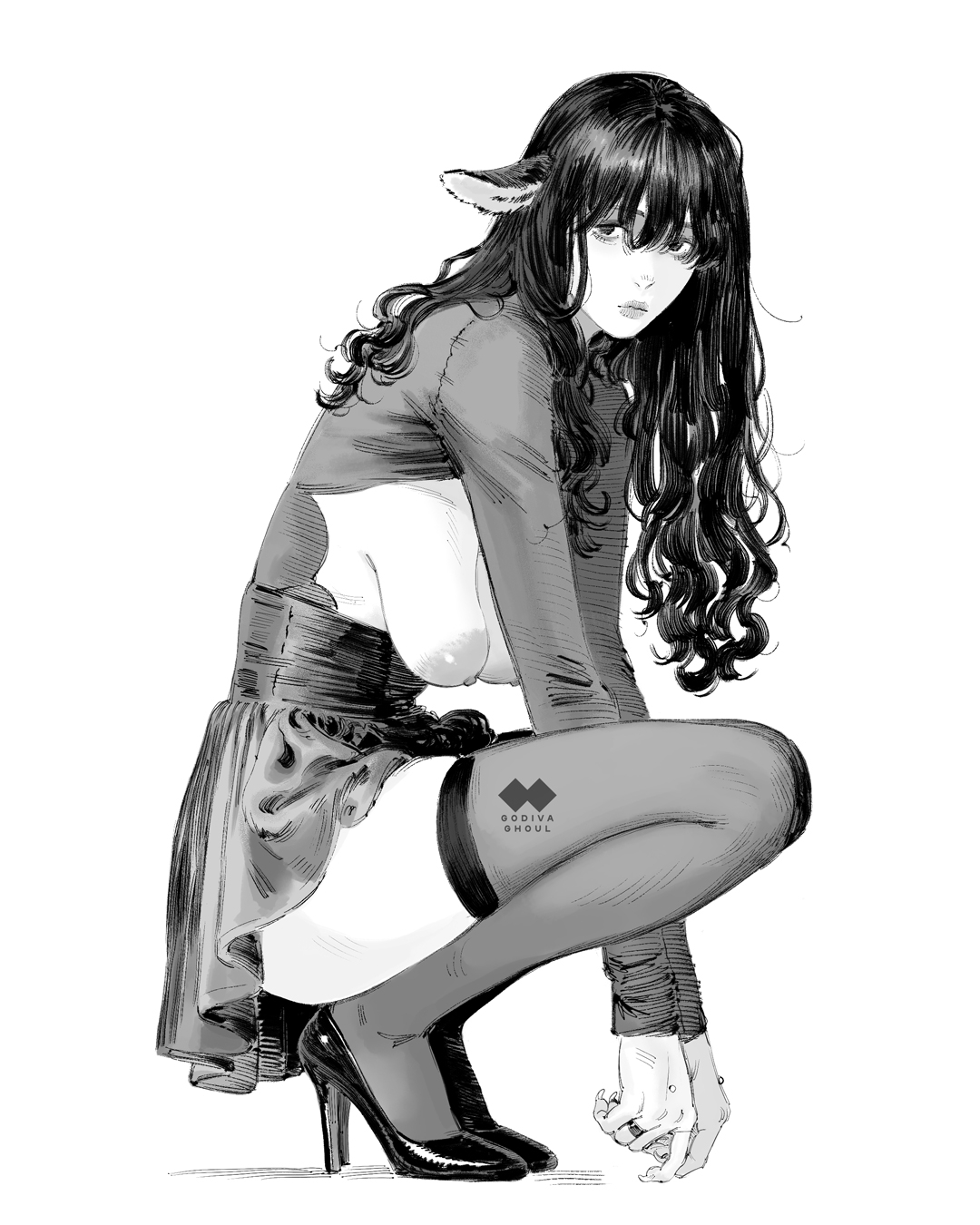 godiva ghoul, original, highres, 1girl, animal ears, arms between legs, artist logo, artist name, bags under eyes, breasts, closed mouth, cow ears, fingernails, from side, full body, greyscale, hair over shoulder, hanging breasts, hatching (texture), high-waist skirt, high heels, jewelry, large areolae, legs folded, lips, logo, long bangs, long fingernails, long hair, long sleeves, looking at viewer, looking to the side, monochrome, nipples, no bra, nose, ring, sagging breasts, sharp fingernails, simple background, skirt, slouching, solo, squatting, stiletto heels, thighhighs, v arms, wavy ends, white background