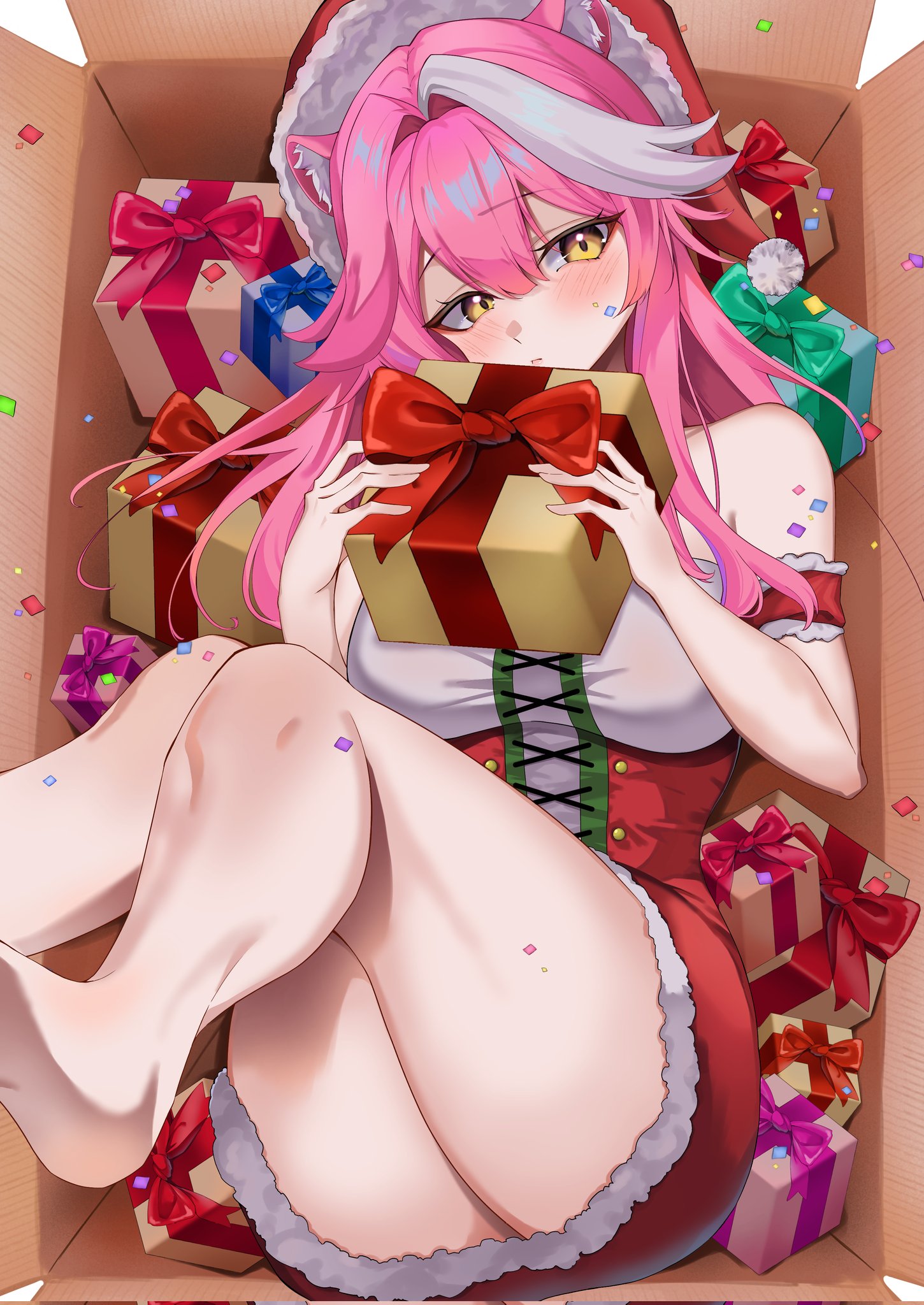 na nu 017, raora panthera, hololive, hololive english, highres, 1girl, alternate costume, animal ears, blush, box, breasts, cat ears, cat girl, christmas present, closed mouth, dress, fur-trimmed dress, fur-trimmed headwear, fur trim, gift, hat, holding, holding gift, in box, in container, large breasts, looking at viewer, multicolored hair, pink hair, red dress, red hat, santa costume, santa dress, santa hat, solo, streaked hair, virtual youtuber, white streaks