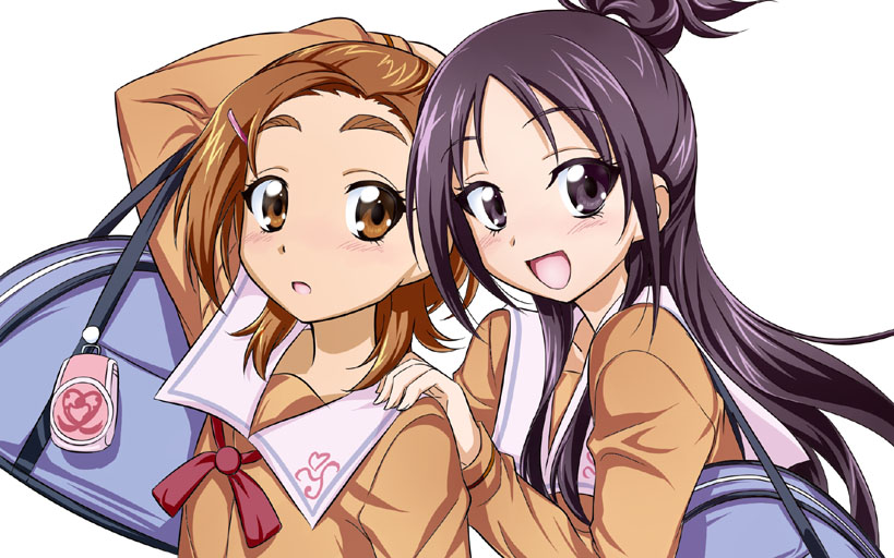 nakahira guy, hyuuga saki, mishou mai, futari wa precure splash star, precure, 00s, 2girls, :d, bag, black hair, brown hair, eyelashes, hair held back, hair ornament, hairclip, half updo, multiple girls, open mouth, school uniform, smile, yuunagi middle school uniform