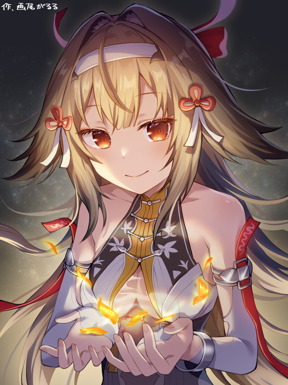 ye shunguang, zenless zone zero, commentary request, highres, partial commentary, 1girl, bare shoulders, breasts, brown hair, closed mouth, gao garuru, hair flaps, hair ornament, hairband, hands up, long hair, looking at viewer, medium breasts, orange eyes, smile, solo, upper body, white hairband