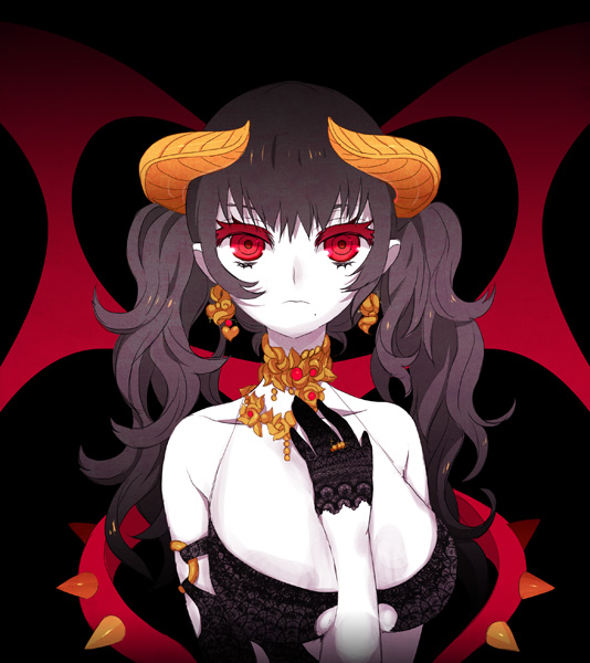mami (apsaras), 1girl, bat (animal), black hair, demon girl, female focus, gloves, horns, red eyes, solo, twintails, wings