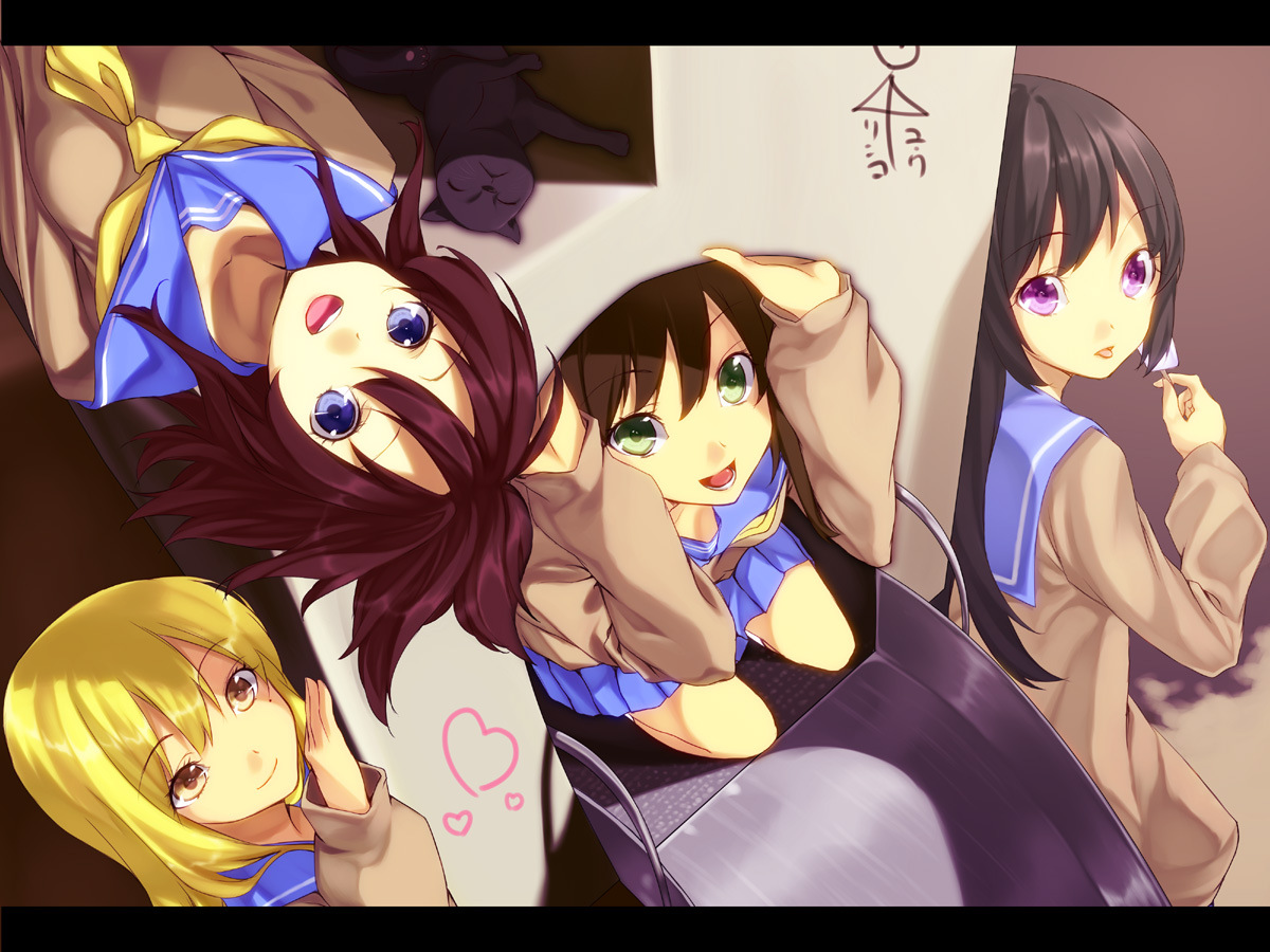 unowen, original, bad id, bad pixiv id, 4girls, blonde hair, blue eyes, brown eyes, brown hair, cat, green eyes, heart, letterboxed, looking up, mole, multiple girls, purple eyes, school uniform