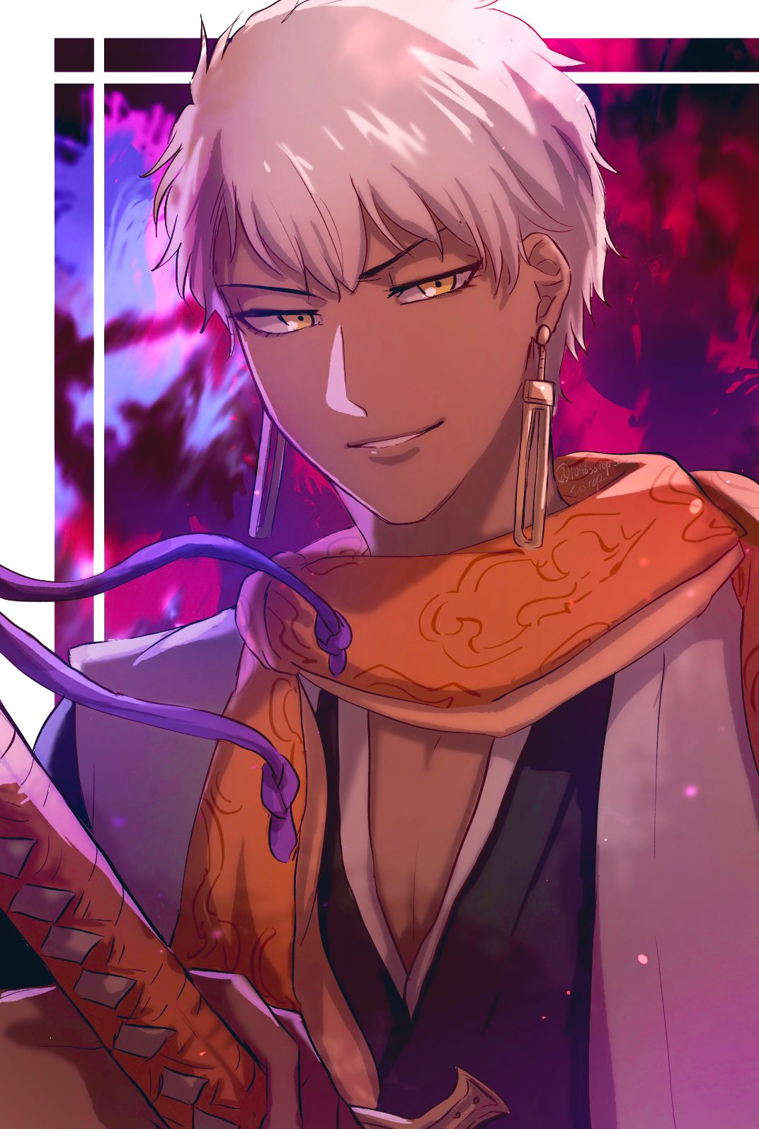 1046sstep btoh, shihouin chika, bleach, bleach: sennen kessen-hen, commentary request, highres, 1boy, dark-skinned male, dark skin, earrings, haori, holding, holding sword, holding weapon, japanese clothes, jewelry, male focus, orange scarf, parted lips, scarf, shihakusho, smile, solo, sword, taichou haori, weapon, white hair, yellow eyes