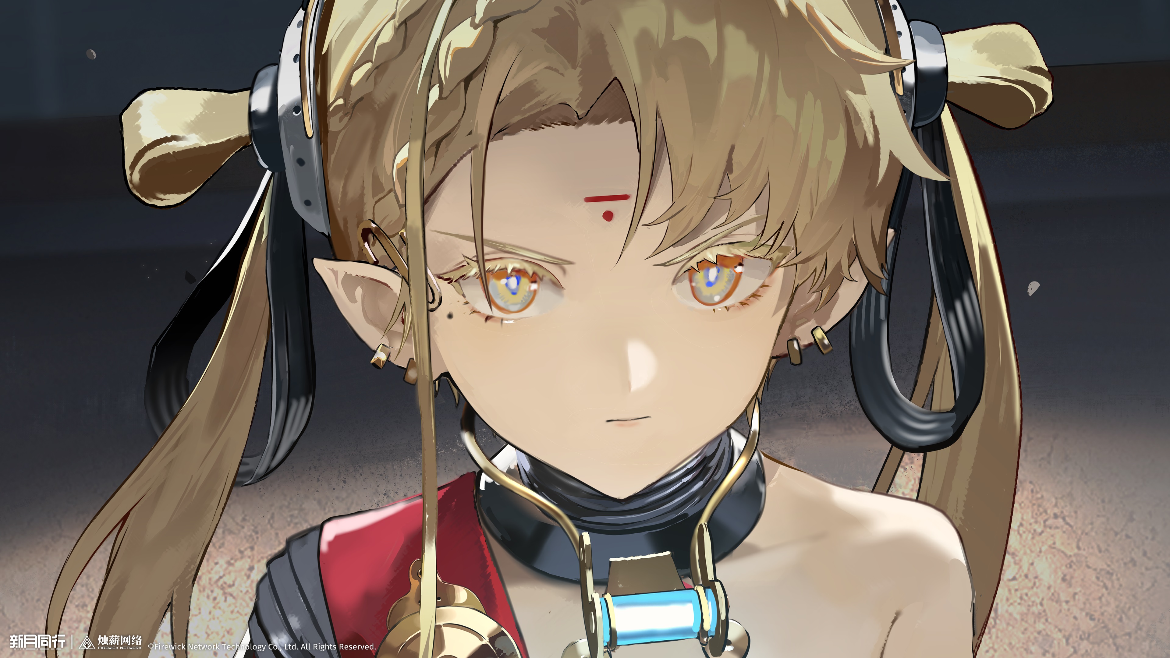 xinyue tongxing, absurdres, highres, official art, official wallpaper, 1girl, bare shoulders, blonde hair, closed mouth, copyright name, copyright notice, earrings, facial mark, forehead mark, grey background, jewelry, logo, long hair, looking at viewer, mole, mole under eye, pointy ears, portrait, solo, twintails, v-shaped eyebrows, verne (xinyue tongxing), yellow eyes