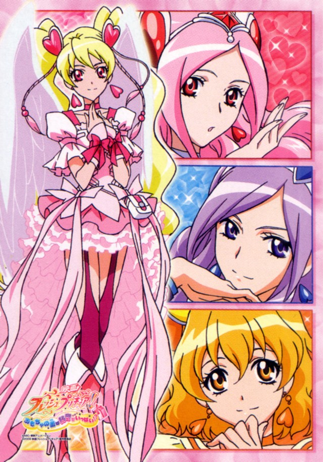 aono miki, cure angel, cure berry, cure passion, cure peach, cure peach (angel), cure pine, higashi setsuna, momozono love, yamabuki inori, fresh precure!, precure, official art, 00s, 4girls, blonde hair, boots, bow, choker, close-up, dress, earrings, eyelashes, frills, hair ornament, heart, heart hair ornament, high heels, jewelry, knee boots, long hair, magical girl, multiple girls, orange eyes, orange hair, pink boots, pink bow, pink hair, profile, purple eyes, purple hair, red eyes, shoes, smile, thighhighs, twintails, very long hair, white choker, wings