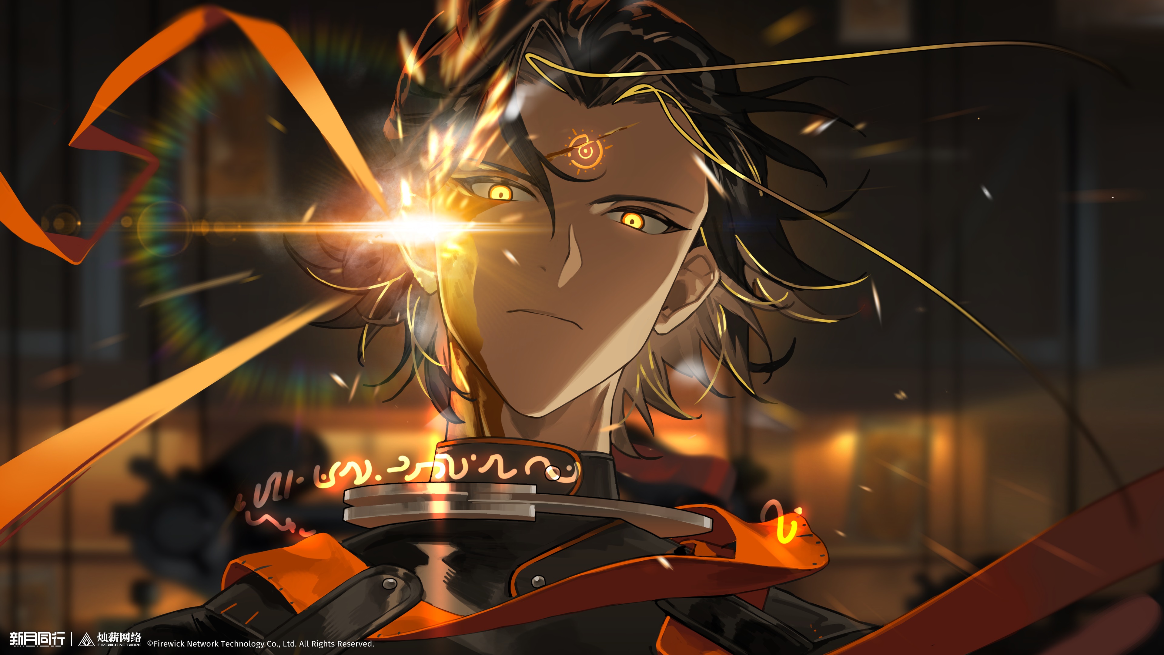 xinyue tongxing, absurdres, highres, official art, official wallpaper, 1boy, black hair, black robe, blood, blood on face, blurry, blurry background, closed mouth, copyright name, copyright notice, dark, facial mark, forehead mark, logo, looking at viewer, multicolored hair, portrait, robe, scar, scar on face, scar on forehead, short hair, solo, streaked hair, yellow eyes