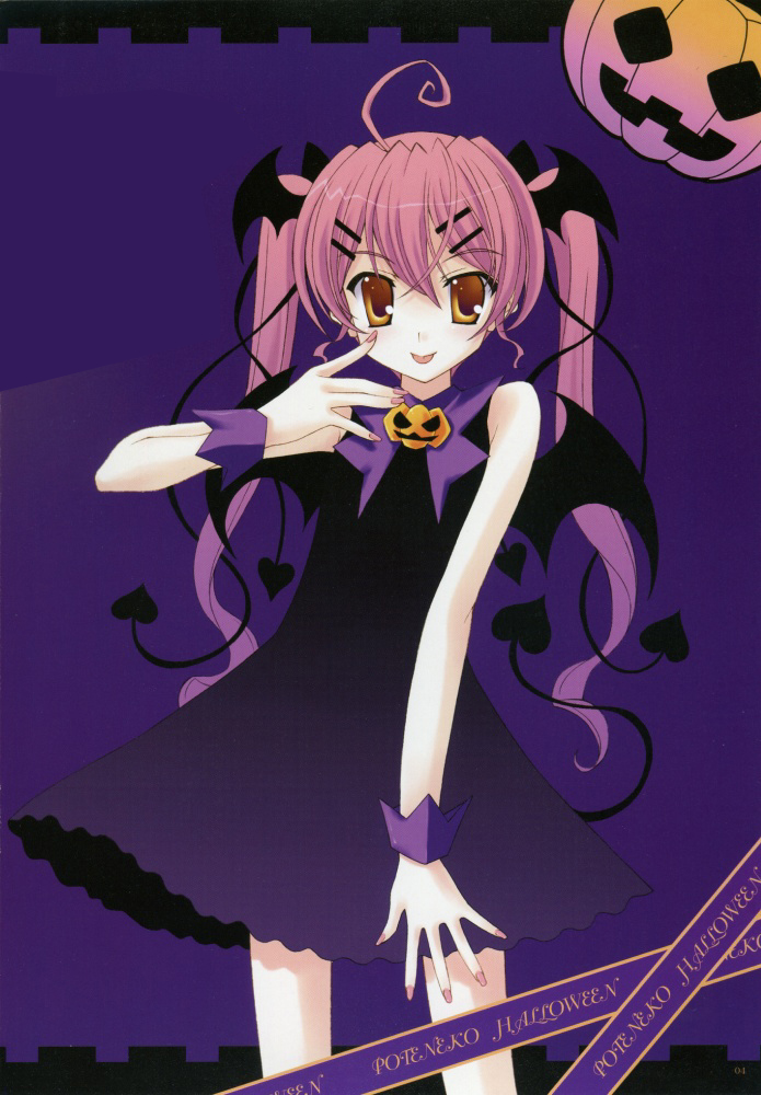 nanao naru, :p, bat wings, jack-o'-lantern, pink hair, pumpkin, solo, tongue, tongue out, twintails, wings