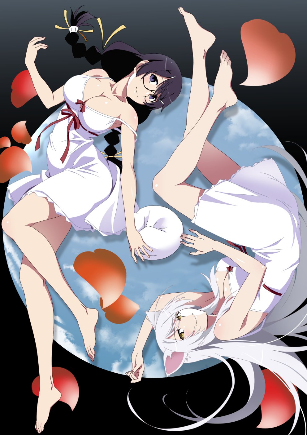 gesugesu ahoaho, black hanekawa, hanekawa tsubasa, bakemonogatari, monogatari (series), commentary, commentary request, english commentary, highres, mixed-language commentary, 2girls, animal ears, bakeneko, barefoot, black hair, braid, breasts, cat ears, cat girl, cat hair ornament, cleavage, closed mouth, dual persona, glasses, hair ornament, hairclip, large breasts, long hair, looking at viewer, multiple girls, nightgown, purple eyes, slit pupils, smile, twin braids, very long hair, white hair, yellow eyes