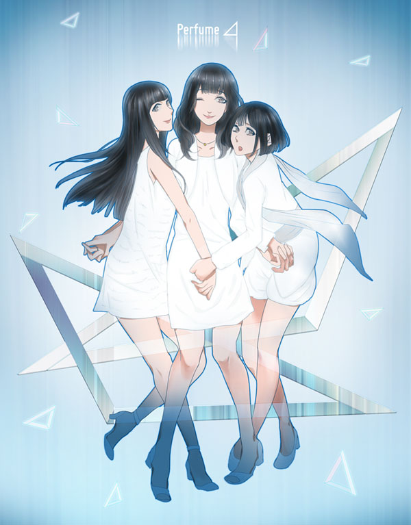 oyuyamio, a~chan, kashiyuka, nocchi (perfume), perfume (band), 3girls, black eyes, black hair, holding hands, long hair, multiple girls, one eye closed, short hair, smile, wink