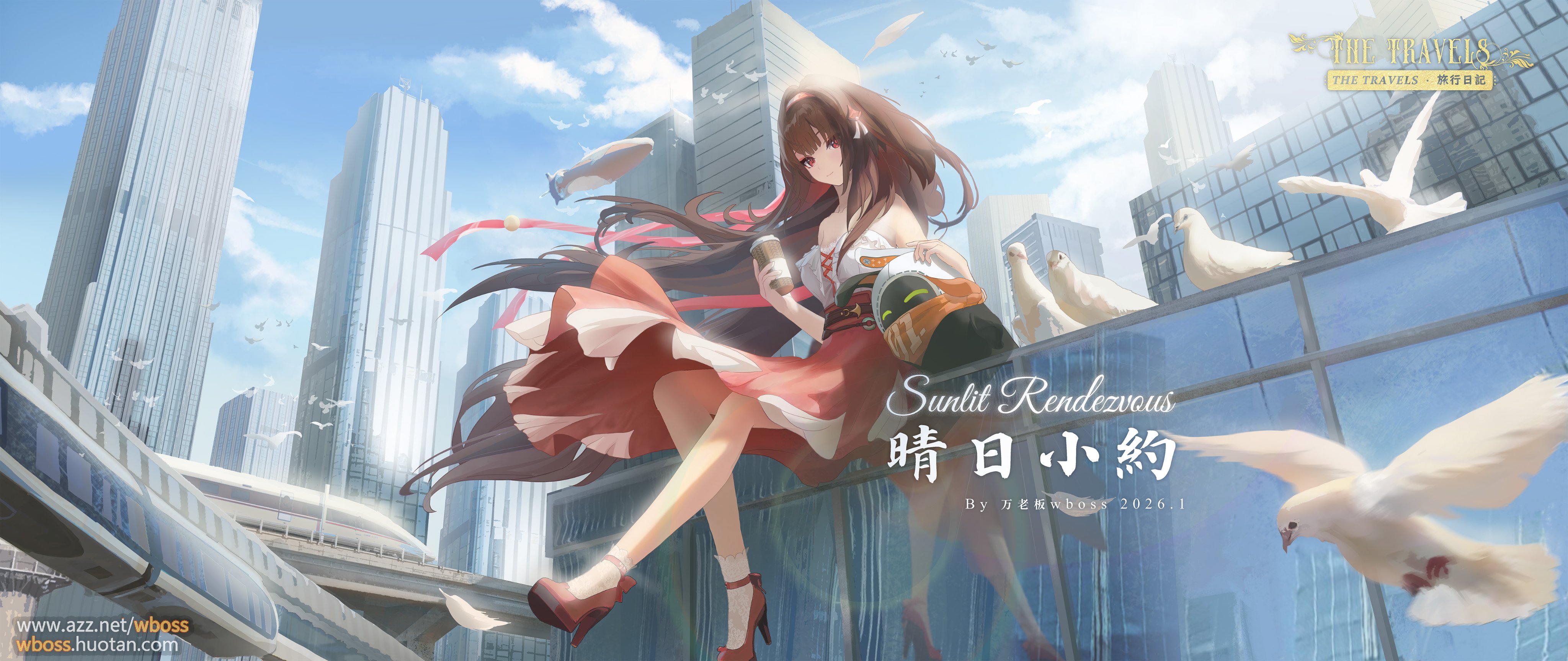 wboss, bangboo (zenless zone zero), eous (zenless zone zero), ye shunguang, ye shunguang (touch of dawnlight), zenless zone zero, absurdres, commentary, highres, 1girl, aircraft, bird, blue sky, breasts, brown hair, building, cleavage, closed mouth, cloud, cross-laced clothes, cross-laced top, cup, dirigible, droopy ears, falling feathers, feathers, hairband, high-waist skirt, holding, holding cup, lace socks, large breasts, long hair, long skirt, multicolored hairband, official alternate costume, outdoors, red eyes, red hairband, red skirt, shirt, sitting, skirt, sky, skyscraper, socks, train, very long hair, white bird, white hairband, white shirt, white socks