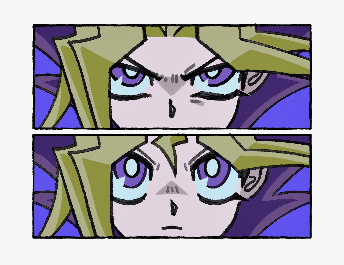 se 3sam, muto yugi, yami yugi, yu-gi-oh!, yu-gi-oh! duel monsters, 2boys, blonde hair, border, closed mouth, frown, looking at viewer, male focus, multicolored hair, multiple boys, purple eyes, purple hair, sanpaku, v-shaped eyebrows