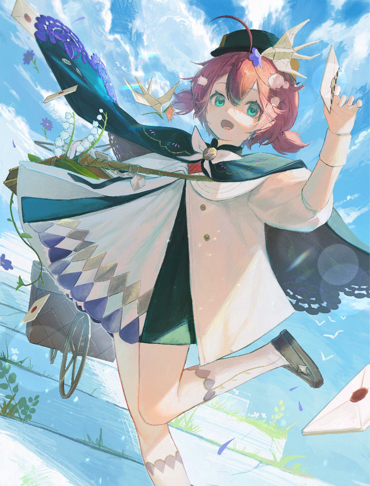 xjsbca, flutterpage, flutterpage (gently comes the thawing breeze), reverse:1999, highres, 1girl, :d, ahoge, arm up, bag, bird hair ornament, bird hat ornament, black cape, black hat, black shoes, blue eyes, blue sky, bow, bowtie, brown bag, brown hair, cape, cloud, cloudy sky, coat, dress, dutch angle, envelope, flower, foot out of frame, hair flower, hair ornament, hat, holding, holding envelope, juliet sleeves, kneehighs, leg up, lily of the valley, loafers, long sleeves, mailbag, official alternate costume, open mouth, origami, paper crane, puffy sleeves, shoes, short dress, short twintails, shoulder bag, sky, smile, socks, solo, stairs, standing, standing on one leg, twintails, white bow, white bowtie, white coat, white dress, white flower, white socks