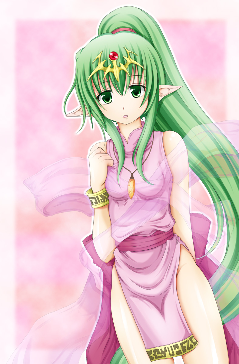 mazakura senju, tiki (fire emblem), tiki (young) (fire emblem), fire emblem, fire emblem: mystery of the emblem, fire emblem: shadow dragon, nintendo, bad id, bad pixiv id, highres, 1girl, bracelet, female focus, green eyes, green hair, jewelry, long hair, matching hair/eyes, no panties, pendant, pointy ears, ponytail, ribbon, see-through clothes, solo, very long hair