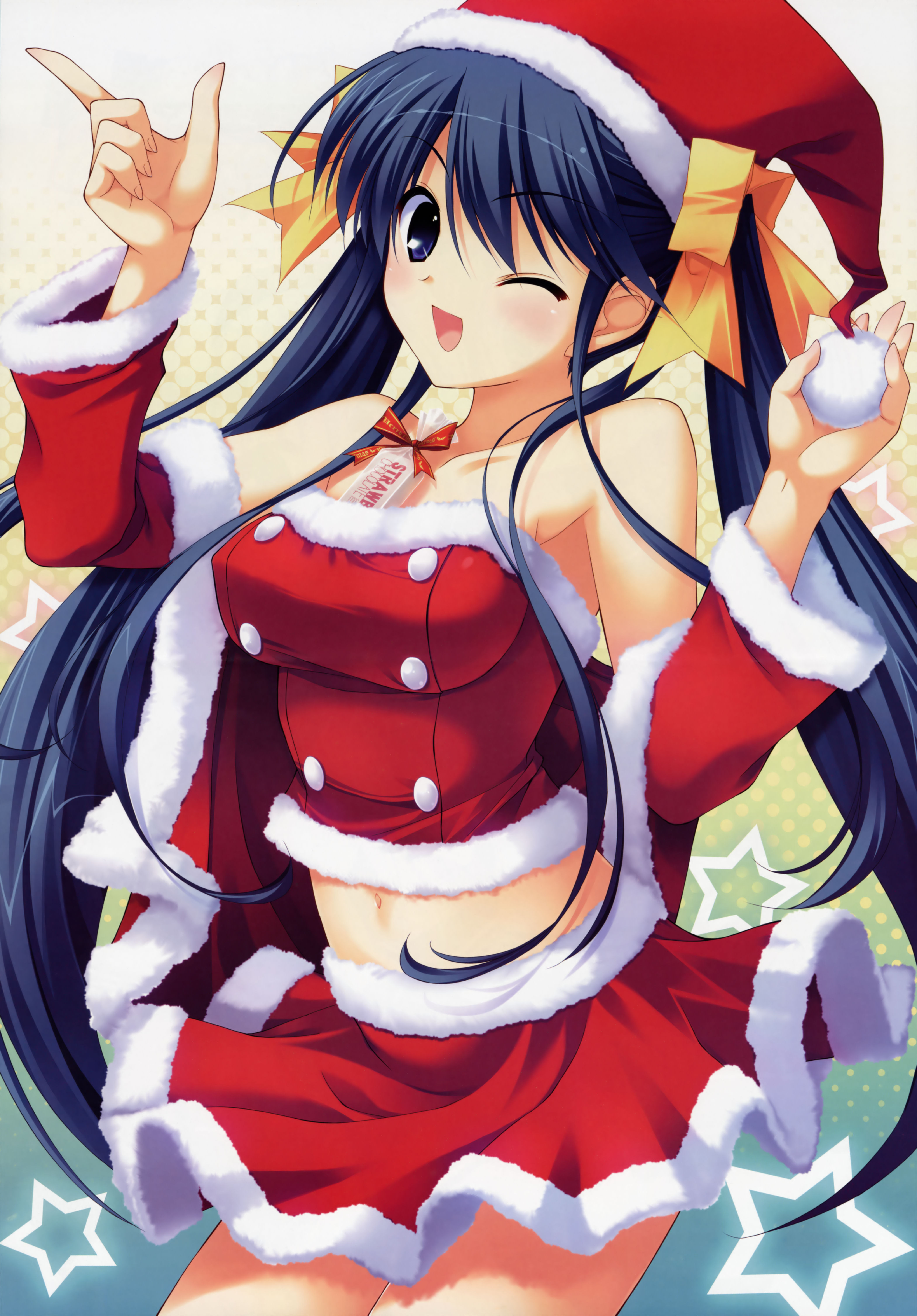 fumio (ura fmo), kinoshita midori, hoshiuta, absurdres, highres, 1girl, blue eyes, blue hair, christmas, detached sleeves, female focus, hair ribbon, hat, long hair, matching hair/eyes, midriff, navel, one eye closed, ribbon, santa costume, santa hat, solo, star (symbol), twintails, wink