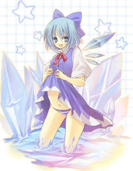 kimigairukara, cirno, embodiment of scarlet devil, touhou, 1girl, bad anatomy, blue eyes, blue hair, blue panties, bow, clothes lift, dress, dress lift, female focus, grid, hair bow, ice, matching hair/eyes, panties, short hair, solo, striped clothes, striped panties, underwear, wings