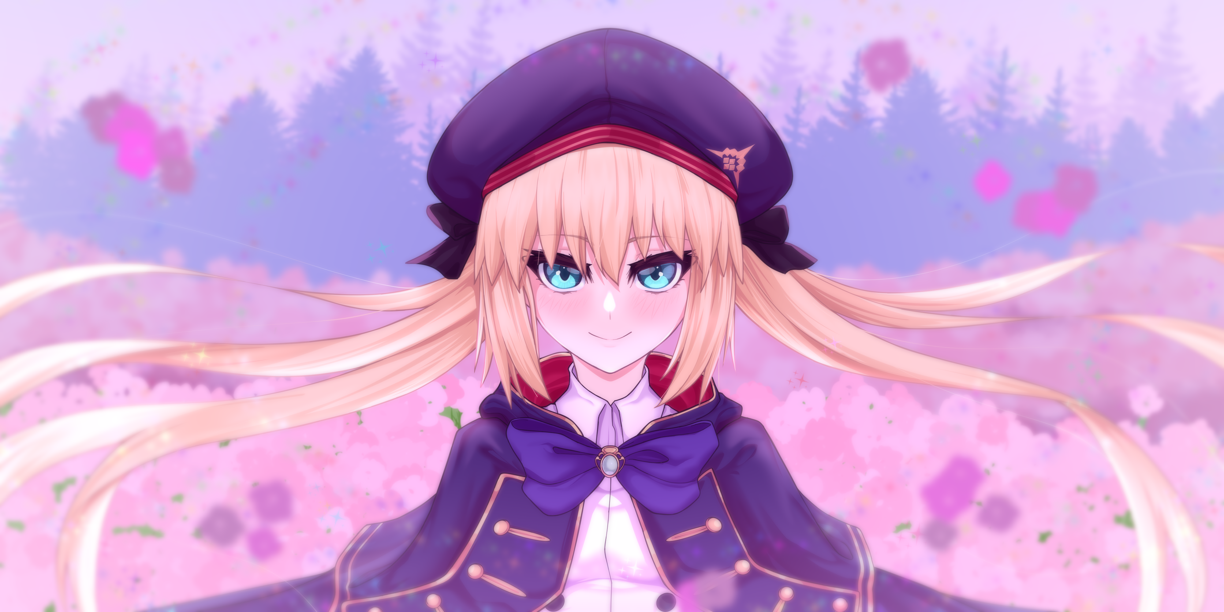 darkkin, artoria caster (fate), artoria caster (second ascension) (fate), artoria pendragon (fate), fate/grand order, fate (series), absurdres, highres, 1girl, beret, black gloves, blonde hair, blue cape, blue hat, blush, breasts, cape, dress, field, flower, flower field, gloves, green eyes, hat, long hair, long sleeves, looking at viewer, multicolored cape, red cape, small breasts, smile, solo, twintails, white dress