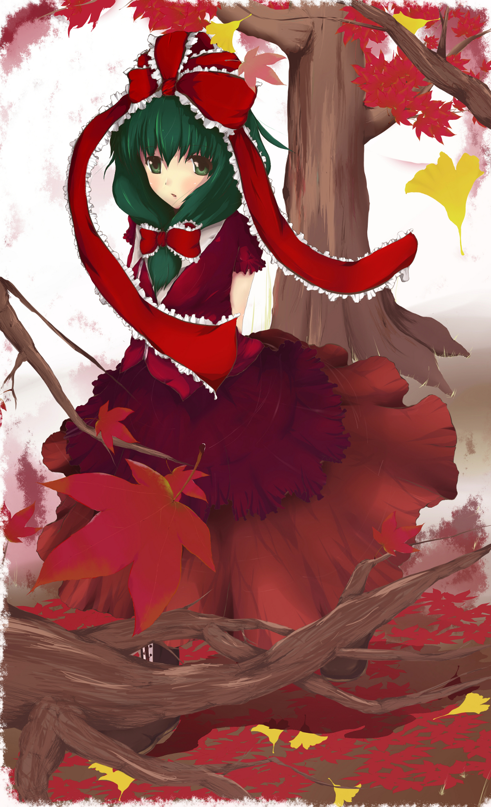 aruu (memories), kagiyama hina, touhou, bad id, bad pixiv id, highres, 1girl, autumn, bow, dress, female focus, front ponytail, green eyes, green hair, hair bow, hair ribbon, leaf, long hair, matching hair/eyes, ribbon, solo, tree