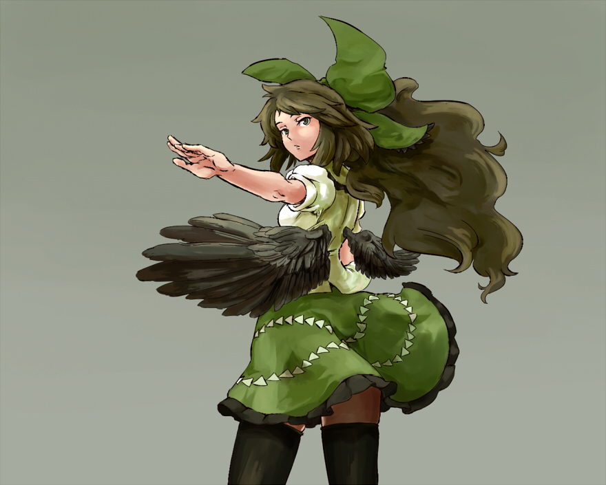 shibasaki shouji, reiuji utsuho, touhou, bad id, bad pixiv id, 1girl, black hair, bow, female focus, long hair, simple background, solo, thighhighs, wings, zettai ryouiki