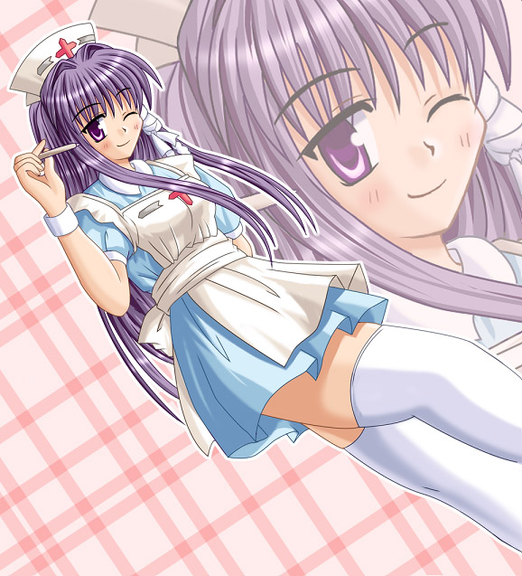 hiiragi tomoka, fujibayashi kyou, clannad, 00s, apron, hair ribbon, hat, long hair, nurse, nurse cap, one eye closed, purple eyes, purple hair, ribbon, solo, thighhighs, wink, zettai ryouiki