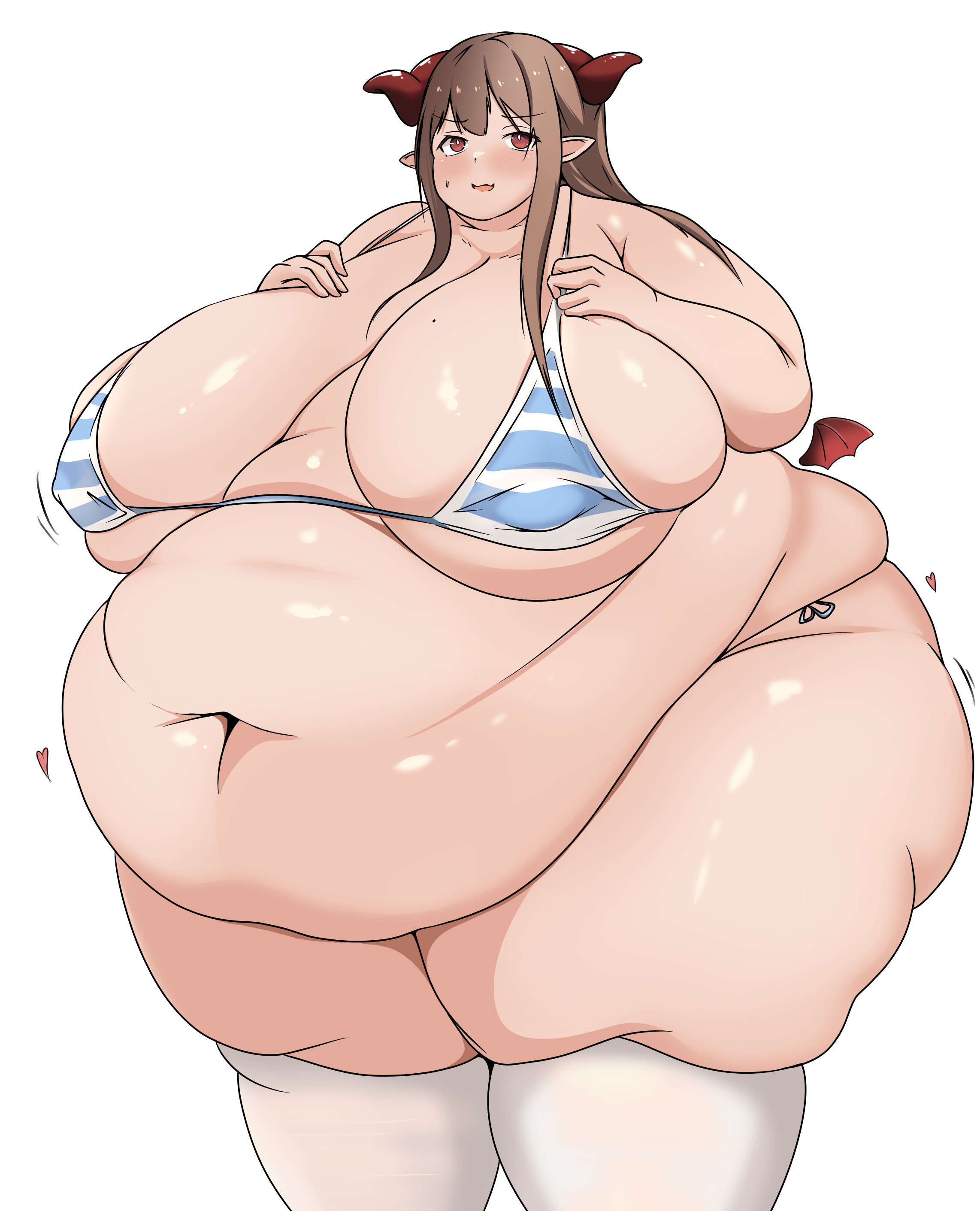 usagirin, original, 1girl, belly, big belly, bikini, blue bikini, breasts, brown hair, covered erect nipples, demon girl, demon horns, demon wings, fat, fat woman, hands on own chest, heart, horns, huge belly, huge breasts, long hair, mini wings, navel, obese, open mouth, pointy ears, red eyes, side-tie bikini bottom, smile, solo, standing, striped bikini, striped clothes, sweat, swimsuit, thick thighs, thighhighs, thighs, white background, white thighhighs, wide hips, wings