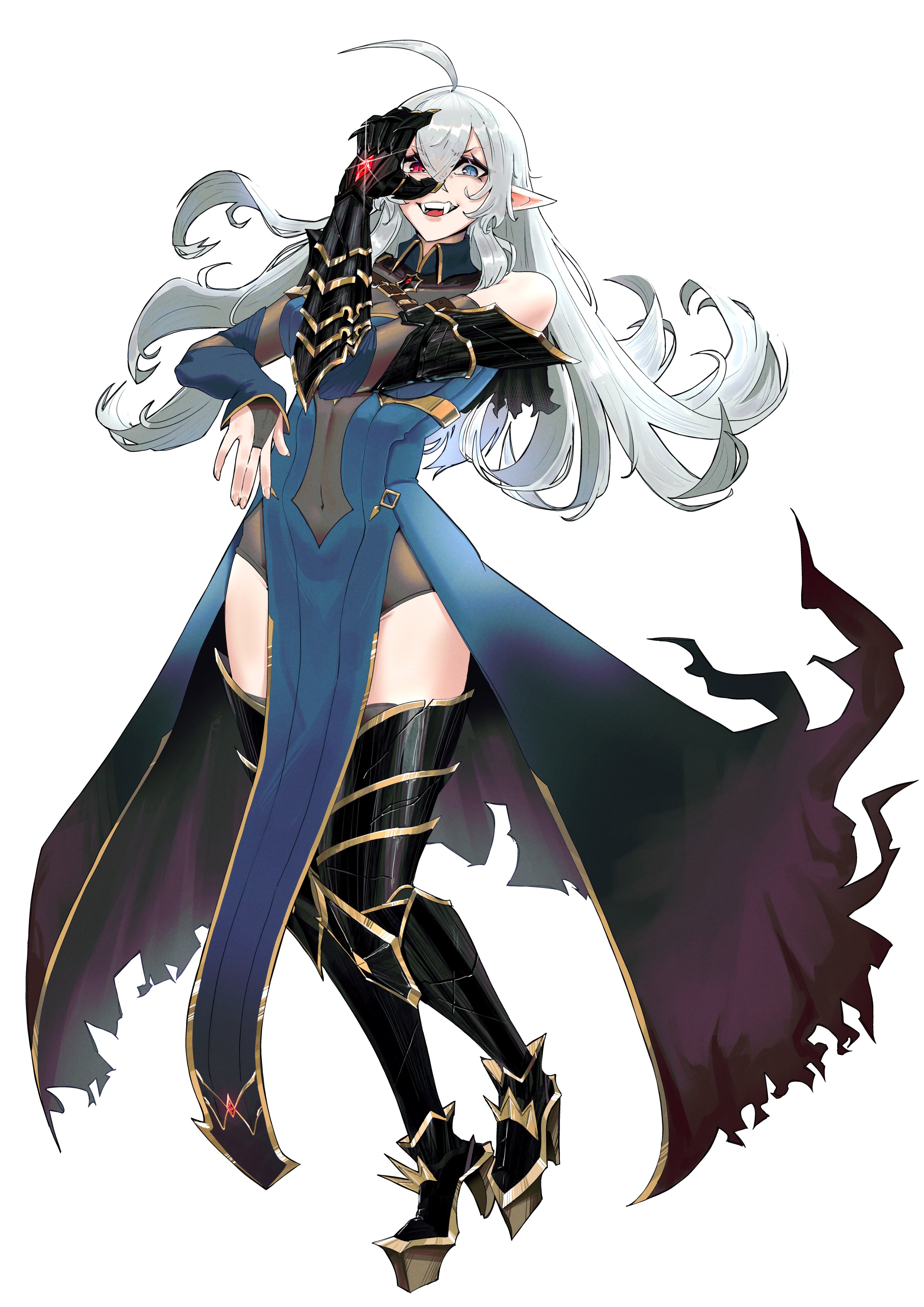 mokimolewds, jojo no kimyou na bouken, original, 1girl, ahoge, armor, boots, breasts, cape, full body, gauntlet, grey hair, heterochromia, jojo pose, large breasts, long hair, navel visible through clothes, open mouth, pose imitation, see-through clothes, smile, torn clothes