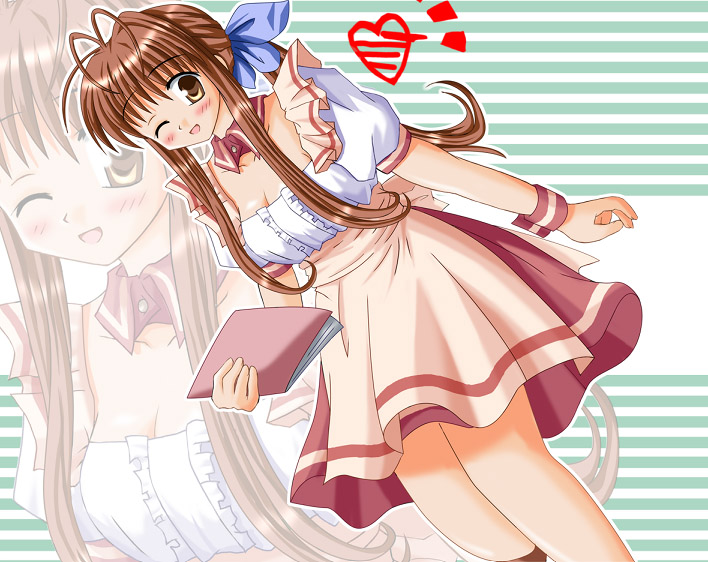 hiiragi tomoka, furukawa sanae, clannad, 00s, antenna hair, brown eyes, brown hair, heart, one eye closed, ribbon, solo, waitress, wink