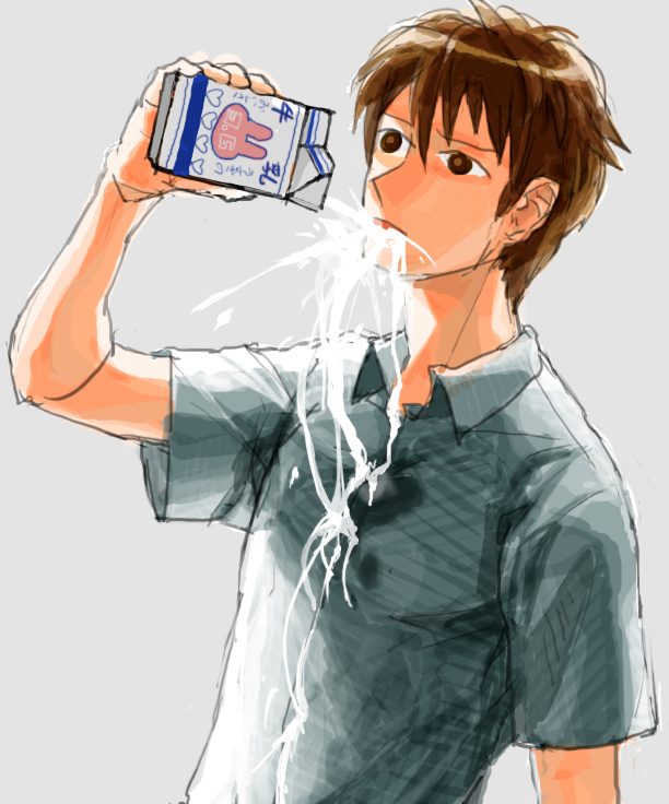 ietan, 1boy, brown eyes, brown hair, drink carton, empty eyes, male focus, milk, milk carton, short hair, simple background, solo, surreal, upper body