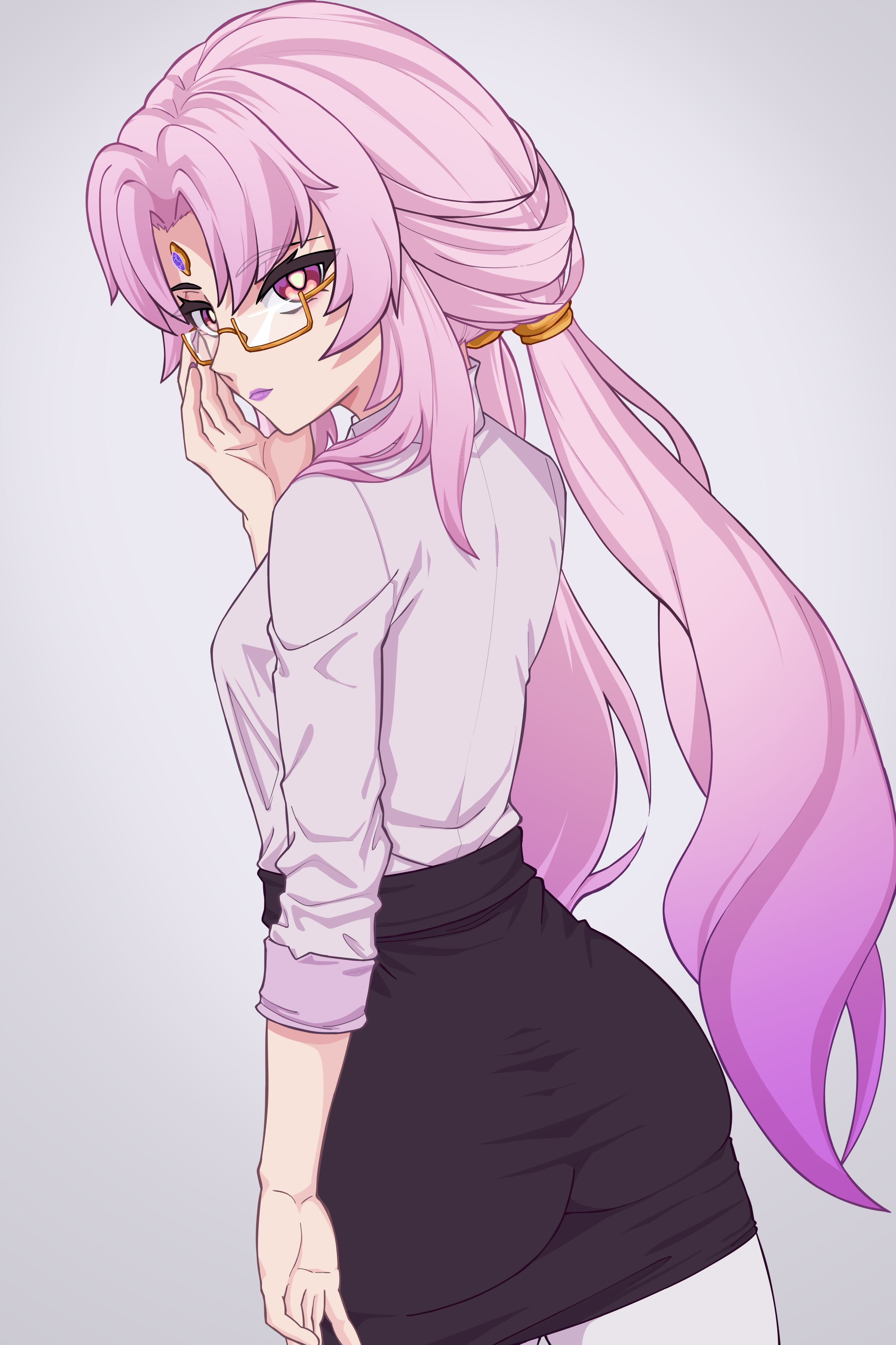darkkin, fu xuan (honkai: star rail), honkai: star rail, honkai (series), absurdres, highres, 1girl, ass, black skirt, breasts, brown eyes, collared shirt, forehead jewel, glasses, long hair, long sleeves, looking at viewer, looking back, low twintails, office lady, pantyhose, parted bangs, pencil skirt, pink hair, purple lips, shirt, skirt, small breasts, solo, thighs, twintails, white pantyhose, white shirt