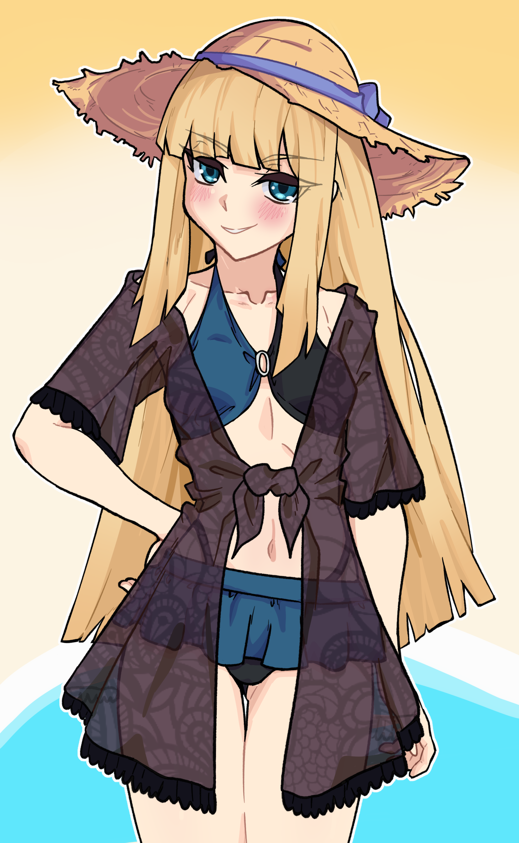 darkkin, reines el-melloi archisorte, fate/grand order, fate (series), lord el-melloi ii case files, absurdres, highres, 1girl, aqua eyes, bare shoulders, bikini, black bikini, blonde hair, blue bikini, blush, breasts, brown shirt, grin, hat, long hair, looking at viewer, multicolored bikini, navel, o-ring, off shoulder, shirt, short sleeves, sidelocks, small breasts, smile, solo, straw hat, swimsuit, thighs, tied shirt, two-tone bikini