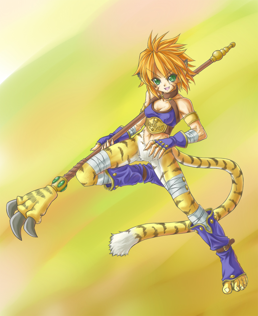 elehime, katt (breath of fire), breath of fire, breath of fire ii, fur, 1girl, animal ears, bandages, boots, cat ears, cat tail, facial mark, female focus, gloves, green eyes, knee boots, red hair, short hair, solo, staff, tail