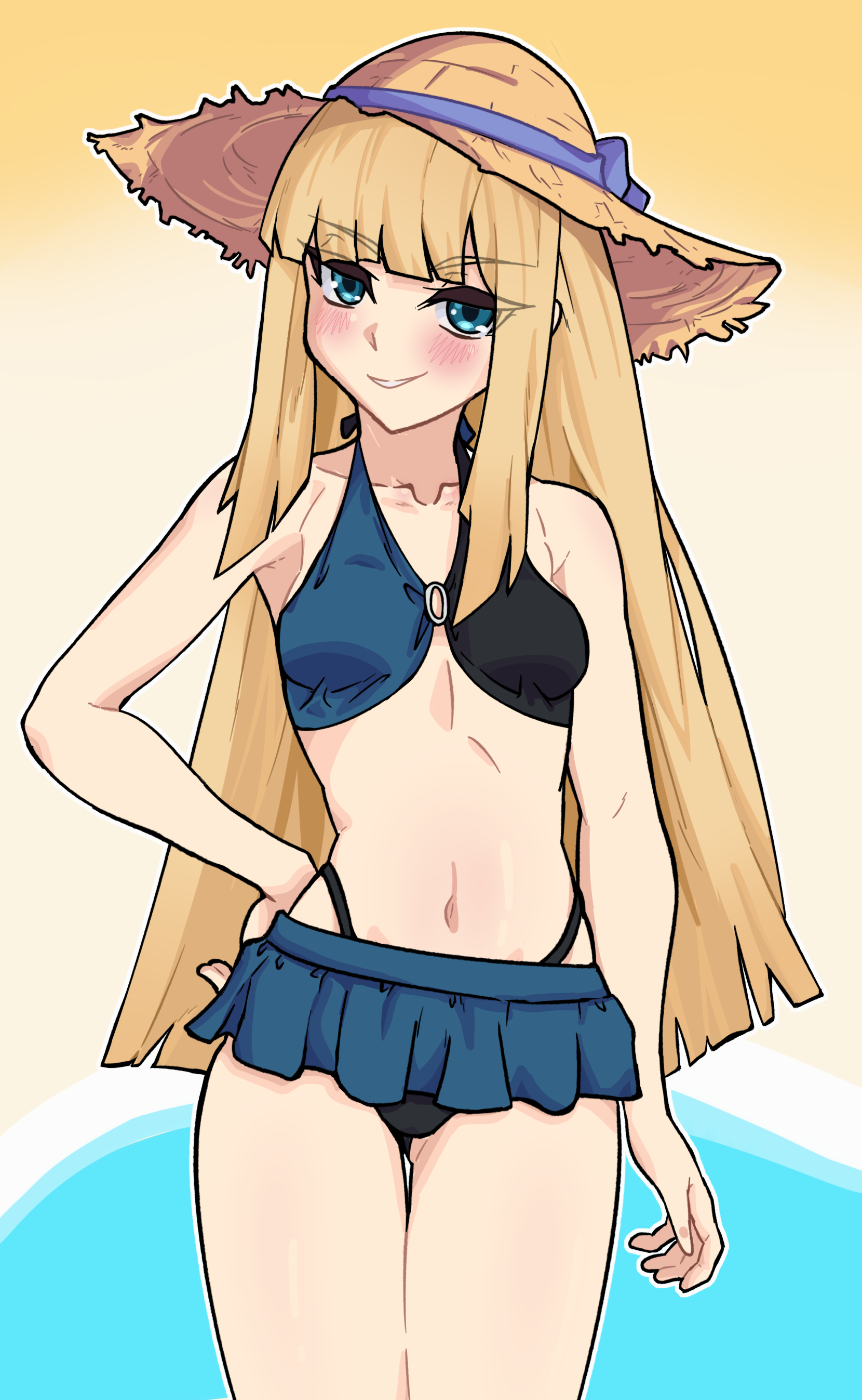 darkkin, reines el-melloi archisorte, fate/grand order, fate (series), lord el-melloi ii case files, absurdres, highres, 1girl, aqua eyes, bare shoulders, bikini, black bikini, blonde hair, blue bikini, blush, breasts, grin, hat, long hair, looking at viewer, multicolored bikini, navel, o-ring, sidelocks, small breasts, smile, solo, straw hat, swimsuit, thighs, two-tone bikini
