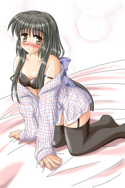 hiiragi tomoka, ibuki fuuko, clannad, 00s, black hair, blush, bottomless, bra, lingerie, long hair, pantyhose, solo, thighhighs, underwear, yellow eyes