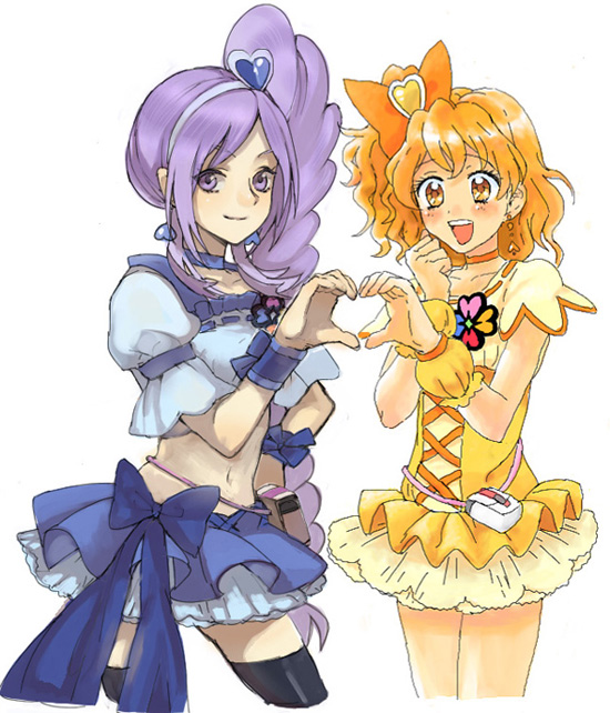 ietan, aono miki, cure berry, cure pine, yamabuki inori, fresh precure!, precure, artist collaboration, 00s, 2girls, :d, blonde hair, blue skirt, drill hair, eyelashes, hair ornament, hairband, heart, heart hair ornament, heart hands, heart hands duo, long hair, magical girl, midriff, multiple girls, open mouth, purple hair, ribbon, short hair, skirt, smile, thighhighs