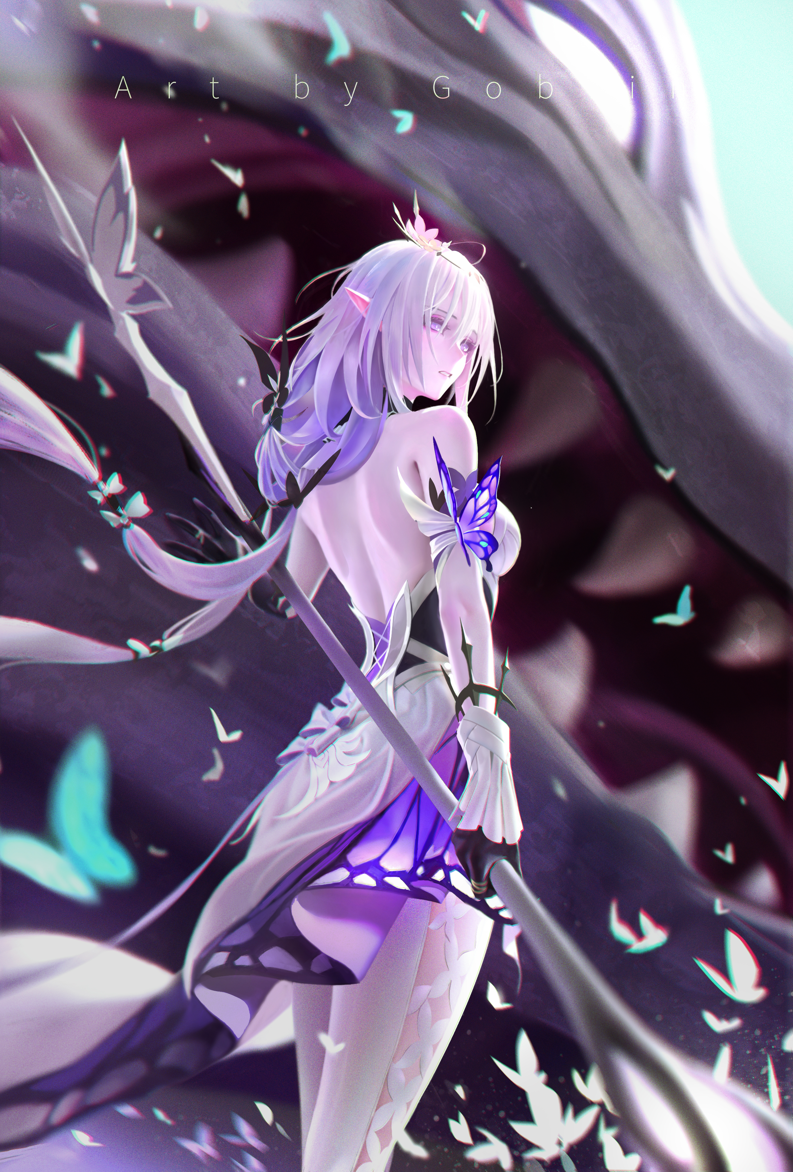 mr goblin, castorice (honkai: star rail), honkai: star rail, honkai (series), absurdres, chinese commentary, highres, 1girl, artist name, black corset, bug, butterfly, corset, cropped legs, dragon, dress, english text, flower, hair flower, hair ornament, holding, holding scythe, insect, long hair, pants, parted lips, pink flower, pointy ears, purple eyes, purple hair, scythe, standing, white dress, white pants