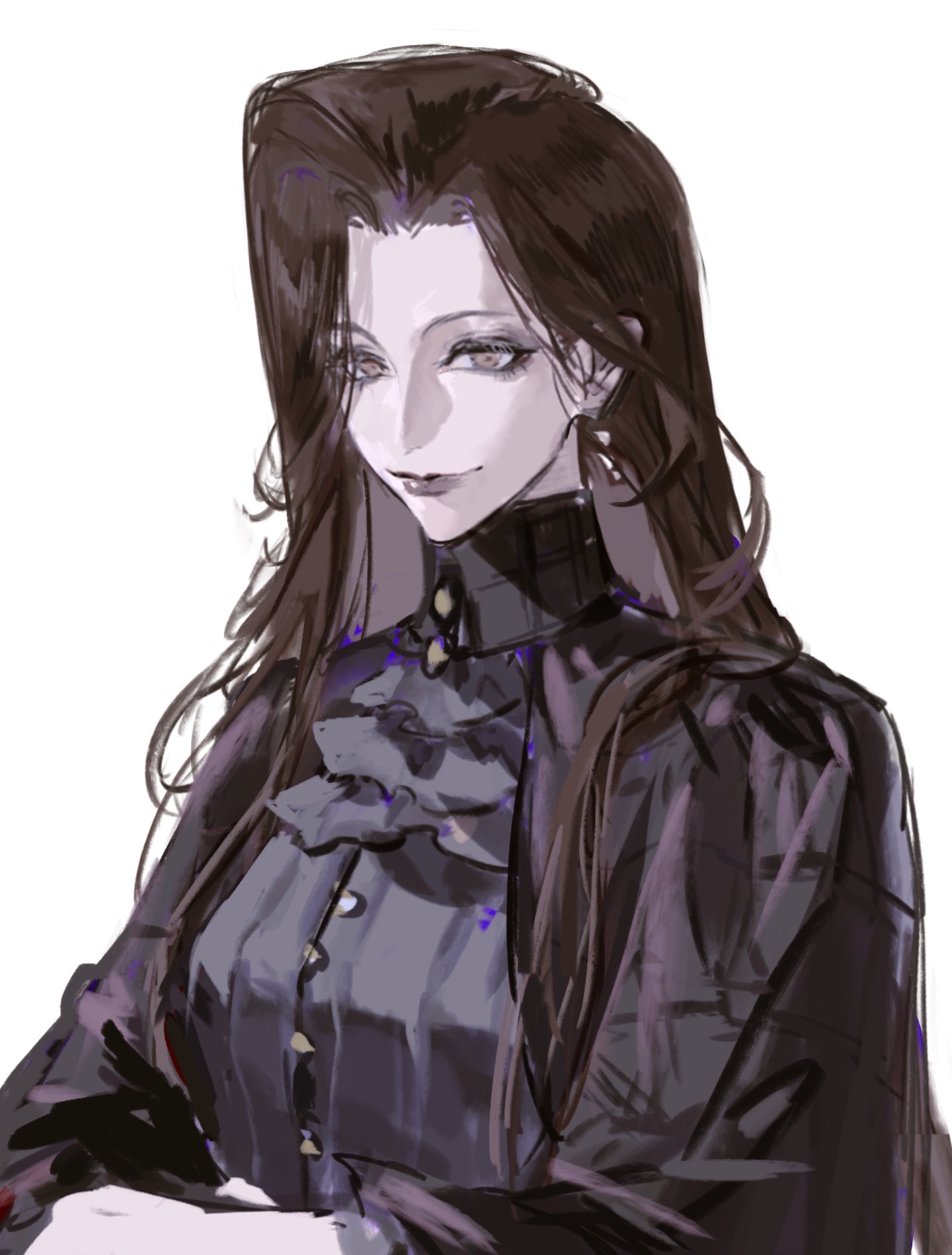 tanyaf2022, valentina (reverse:1999), reverse:1999, highres, 1girl, ascot, black ascot, black cape, black shirt, brown hair, cape, collared shirt, grey eyes, long hair, looking at viewer, shirt, solo, upper body, white background