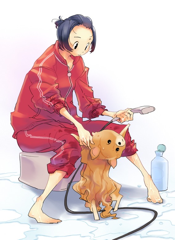 nansui kinoko, 1girl, barefoot, bathtub, blue hair, blush, dog, feet, female focus, full body, gym uniform, indoors, short hair, showering, sleeves pushed up, solo, toes, white background